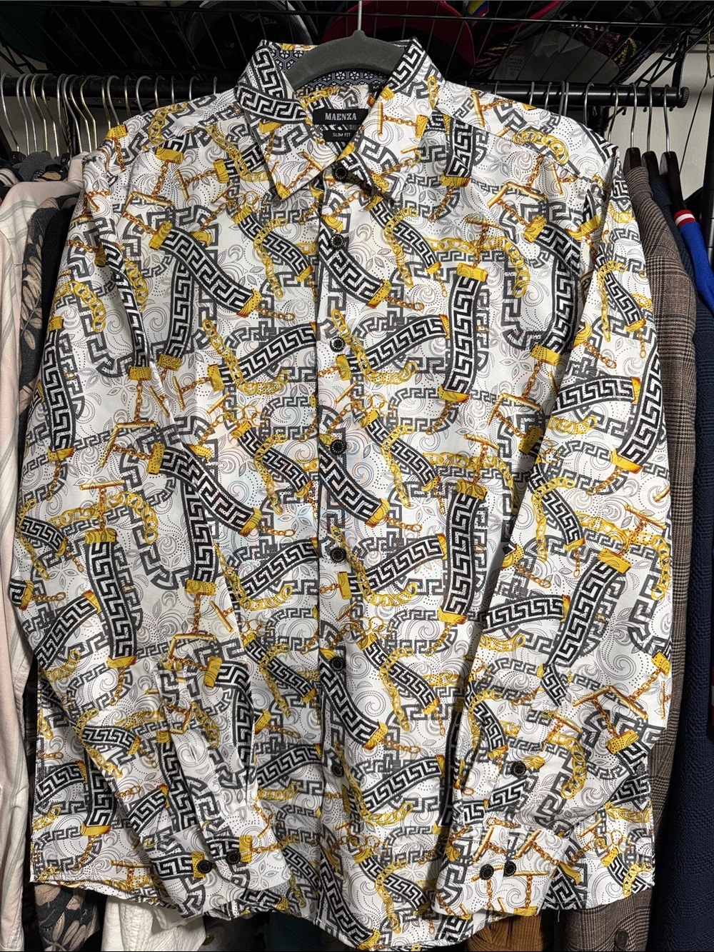White & Gold Patterned Long-Sleeve Shirt
